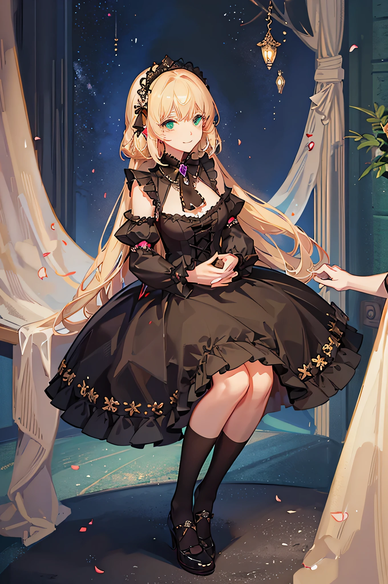 prompt: 8K resolution, Delicate features, , single, Unique Students, A shy smile, blonde, Princess Cut, Ribbon hair ornament, brooch, Shiny dark green dress, ta Style, Gothic style, Holding hands, Facing the audience, Otaku Room, Female Imp