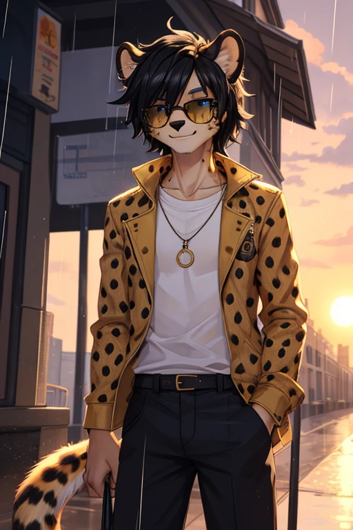 Cheetah, antro, male, solo, non-human, informal clothes, Rain, younger, 20 years old, taller, messy hair, cheetah face, slim body, cheetah tail, sun glasses, black hair, little smile, furry, femboy, girly,