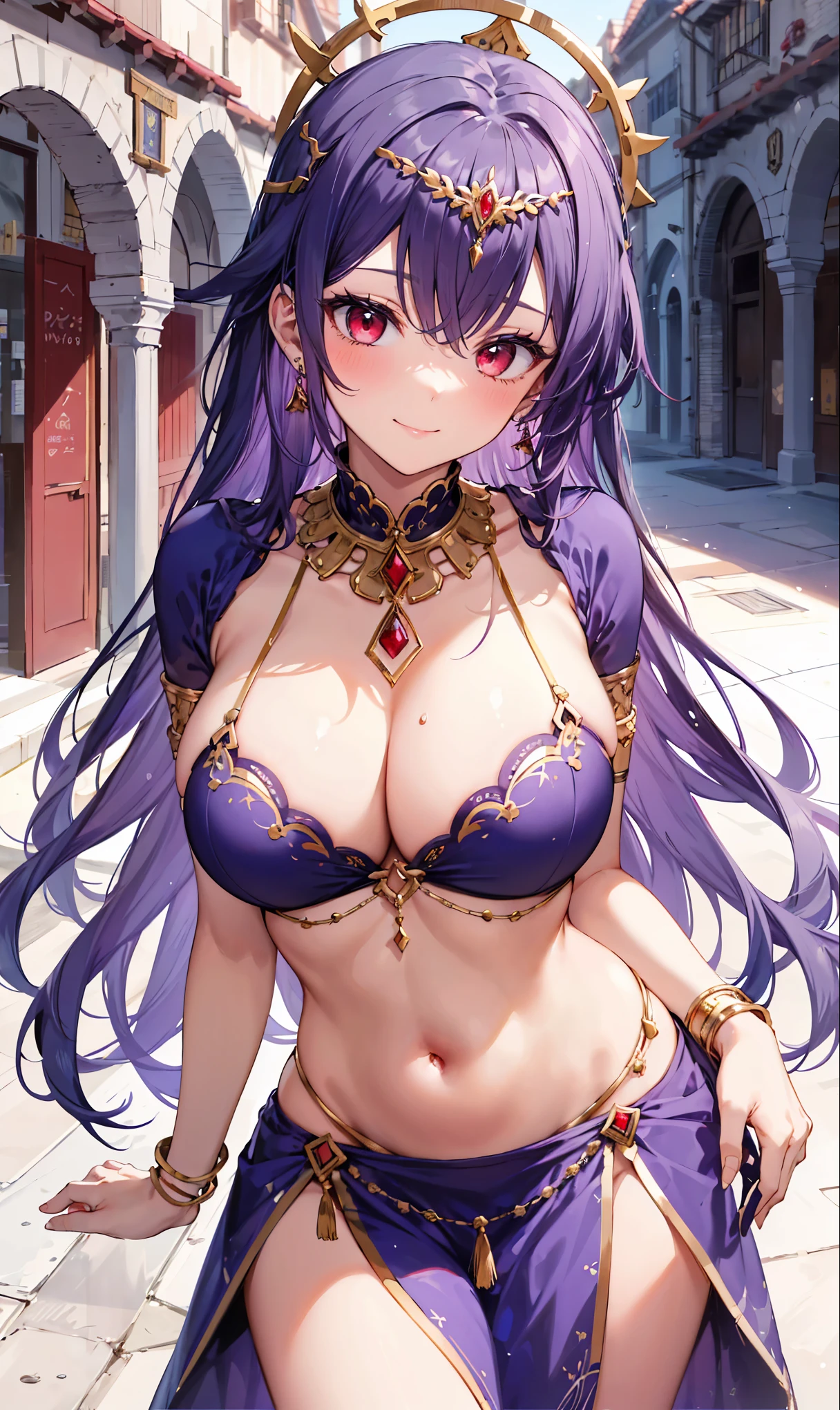 high quality, ultra detailed, best quality, insanely detailed, beautiful, masterpiece, 1girl, medieval plaza, cowboy shot, red eyes, long hair, purple hair, belly dancer, circlet, earrings, armlets, bracelets, bashful smile, large breasts, cleavage, soft stomach
