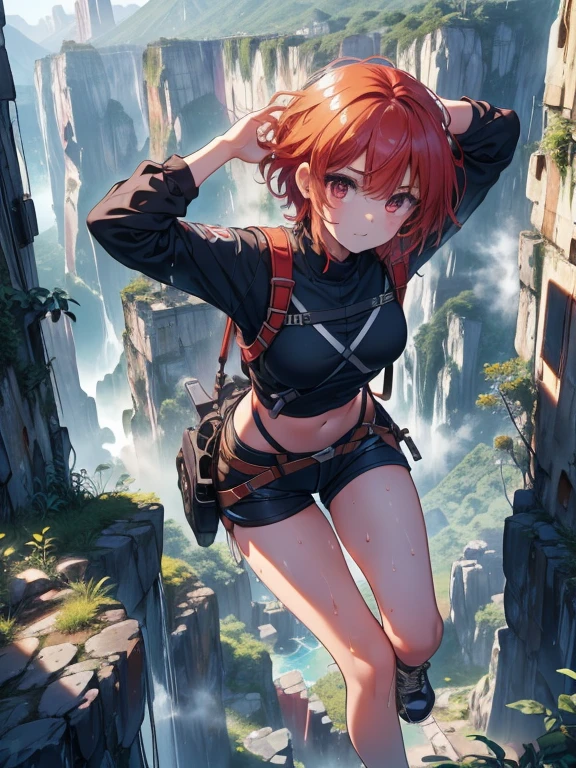 (8k, highest quality, Tabletop:1.2)、Ultra-high resolution, Detailed face, (See her from above), 15-year-old girl, Red eyes, Red hair, short hair, (((Free Solo Climbing))), ((Hands on the cliff)), ((Lift your head)), ((Sweat)), ((sneakers)), ((meanwhile)), (Crop top), (Shorts), holster, fog, null, Dense forest, canyon, high null