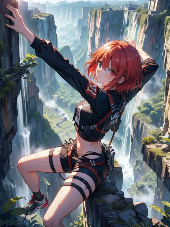 (8k, highest quality, Tabletop:1.2)、Ultra-high resolution, Detailed face, (See her from above), 15-year-old girl, Red eyes, Red hair, short hair, (((Free Solo Climbing))), ((Hands on the cliff)), ((Lift your head)), ((Sweat)), ((sneakers)), ((meanwhile)), (Crop top), (Shorts), holster, fog, null, Dense forest, canyon, high null