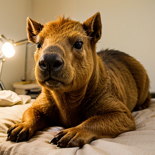 capybara, solo,pov across bed,  cool,looking at viewer,spotlight,
 