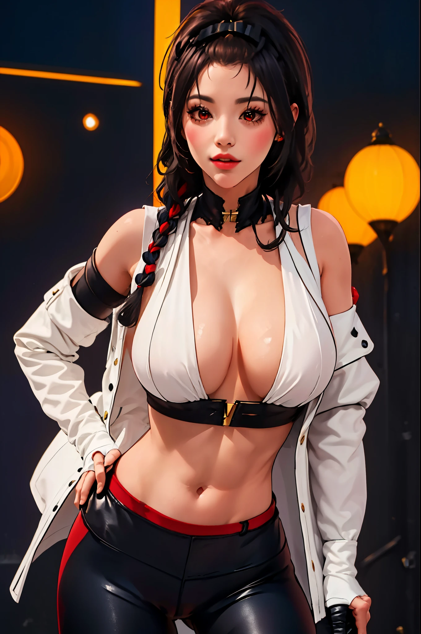 (junkotvv, cabello negro con orejas de gato y ojos rojos),8K,high resolution,absurdos,obra maestra,mejor calidad,original,CG extremadamente detallado,fondo de pantalla extremadamente detallado,perfect lighting,1 chica,solo,borroso_Fondo,mirando_en_espectador,parado en el escenario,
chixiadef,muslos,guantes,chaqueta,ropa abierta,fingerless guantes,white chaqueta,solo muslo alto,red guantes,asymmetrical leggings,arco,trenza lateral,trenza simple,