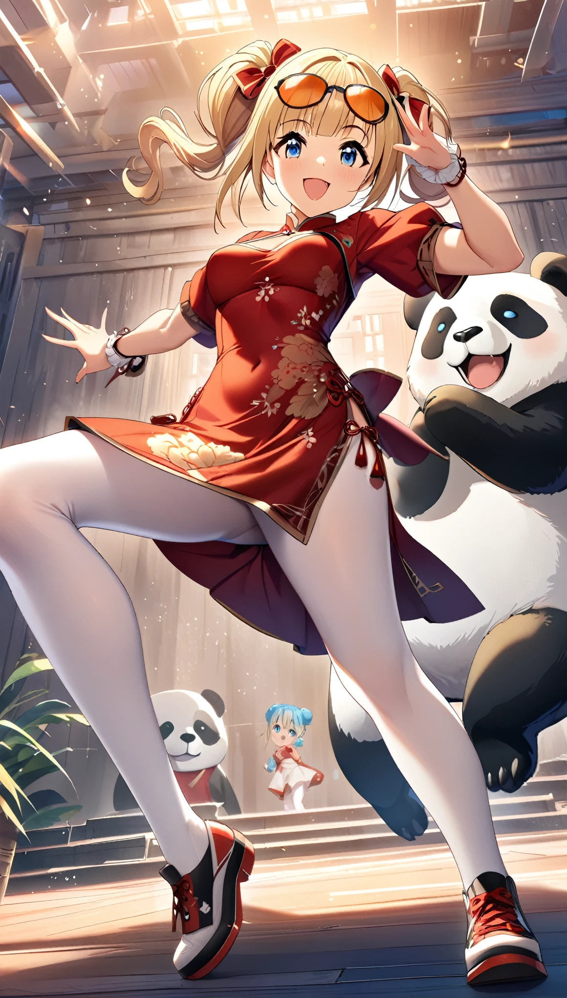 masterpiece, highest quality, Very detailed, High resolution, An expensive solution, Anime doing a roundhouse kick, One girl, Blonde Hair, blue eyes, Bun twin tail, 1 wearing orange sunglasses.5 Medium chest, , Red Chinese dress and white knee-high pantyhose, smile, Panicked, View Viewer, Standing on a giant panda Full body view