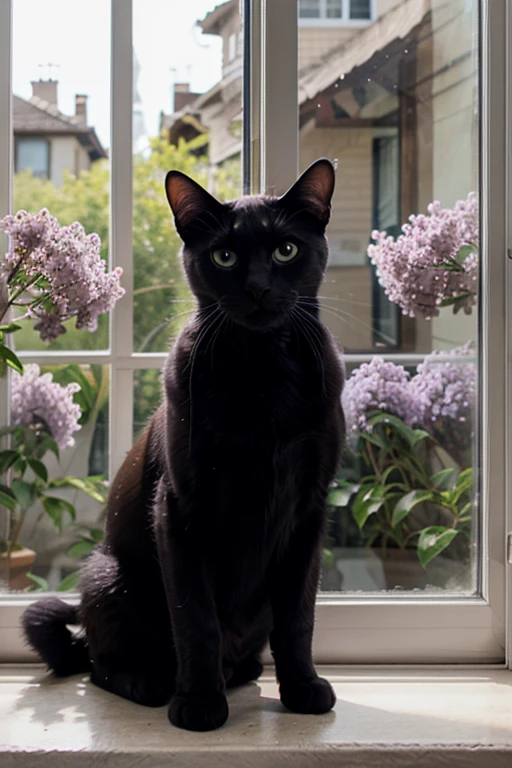 Black cat on the window, Lilac flowers