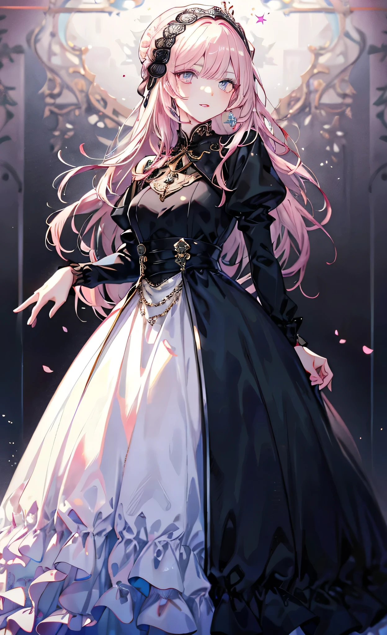 meticulous portrayal of face,1 noblewoman,a matural female,Black dress long dress,(Pink White Long Hair),(dark night background+),Prom,Regalia, s the perfect face, perfect hand, Perfect Finger, Perfect lips, perfect eyes, Perfect background