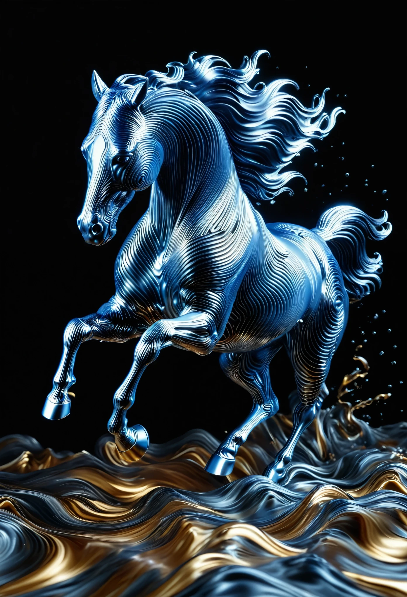 a horse running through a liquid metal landscape, dark background, dramatic lighting, highly detailed, photorealistic, 8k, studio lighting, physically-based rendering, vibrant colors, metallic textures, dynamic motion, dramatic composition