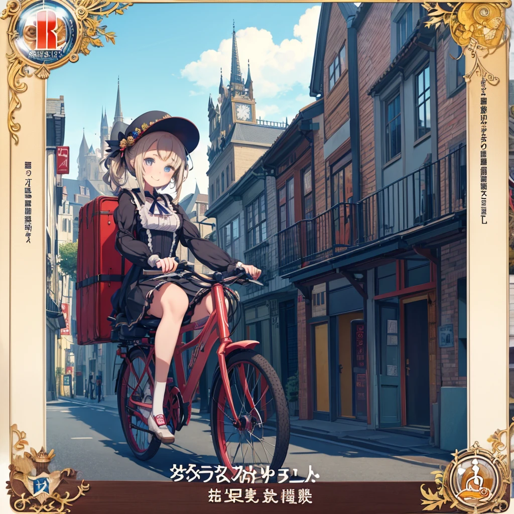 Anime girl riding a bicycle with luggage on the back、steampunk。One Girl。Postman。Ride a bike around town。smile。The background is blue sky and white clouds、Victorian style streetscape。