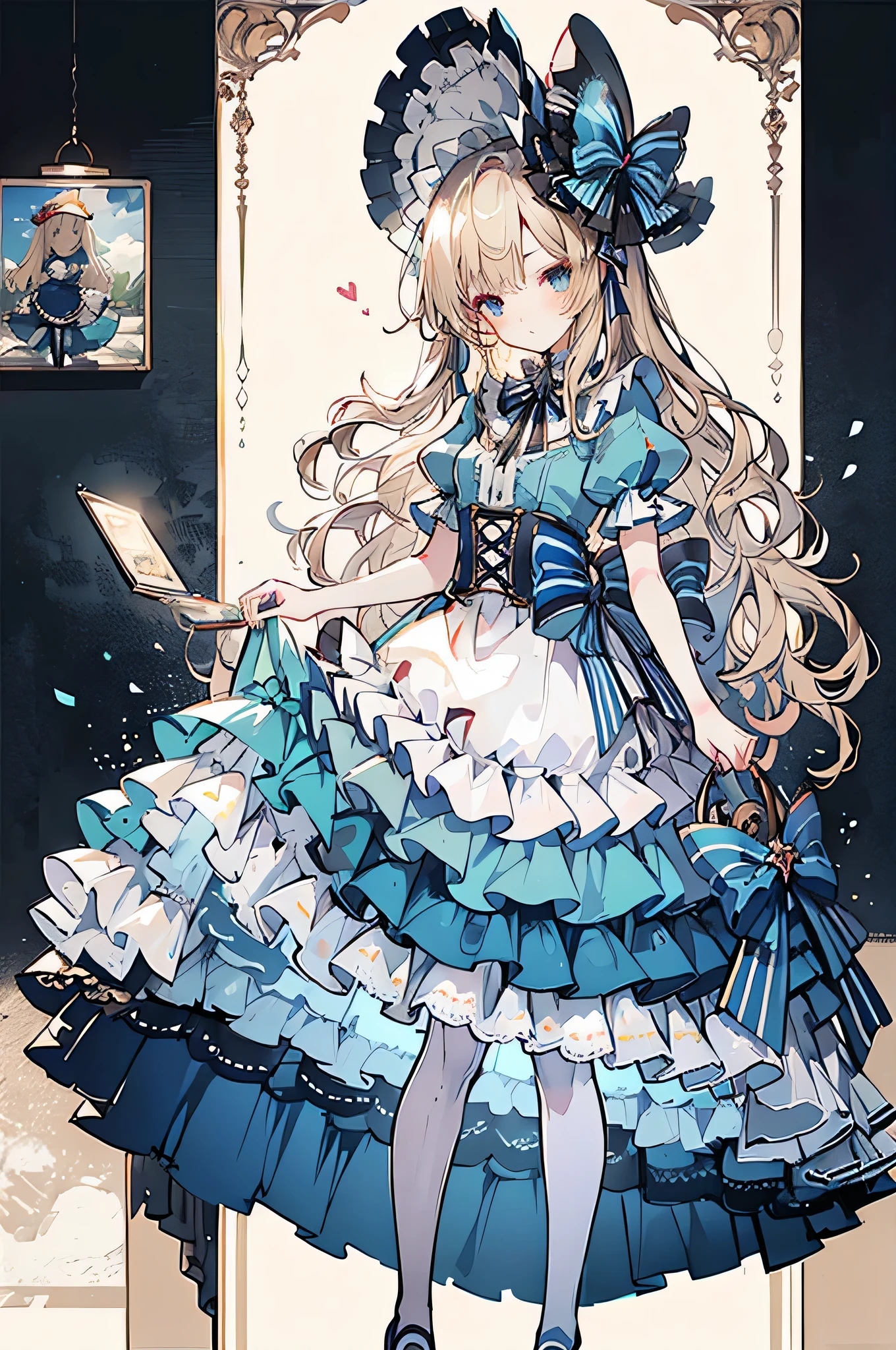 HDR,UHD,8K, best quality, masterpiece, Highly detailed, Studio lighting, physically-based rendering, 1girl, solo,
BJD doll, blush, alice in wonderland, hat, blue dress, high socks,