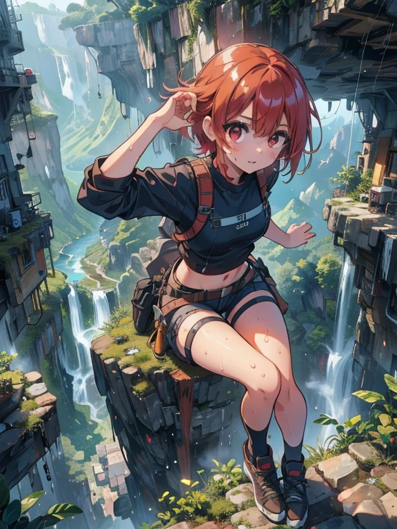 (8k, highest quality, Tabletop:1.2)、Ultra-high resolution, Detailed face, (See her from above), 15-year-old girl, Red eyes, Red hair, short hair, (((Free Solo Climbing))), ((Hands on the cliff)), ((Lift your head)), ((Sweat)), ((sneakers)), ((meanwhile)), (Crop top), (Shorts), holster, fog, null, Dense forest, canyon, high null