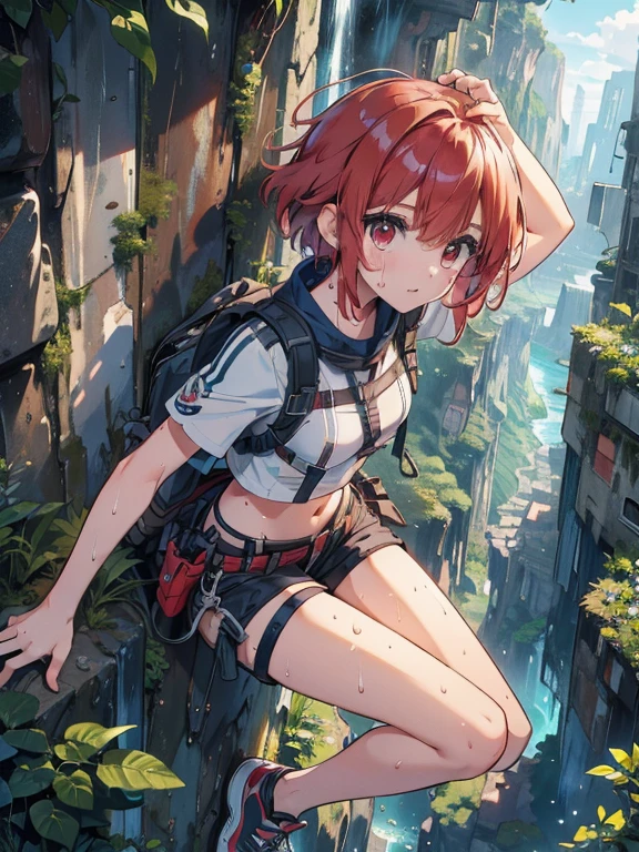 (8k, highest quality, Tabletop:1.2)、Ultra-high resolution, Detailed face, (See her from above), 15-year-old girl, Red eyes, Red hair, short hair, (((Free Solo Climbing))), ((Hands on the cliff)), ((Lift your head)), ((Sweat)), ((sneakers)), ((meanwhile)), (Crop top), (Shorts), holster, fog, null, Dense forest, canyon, high null