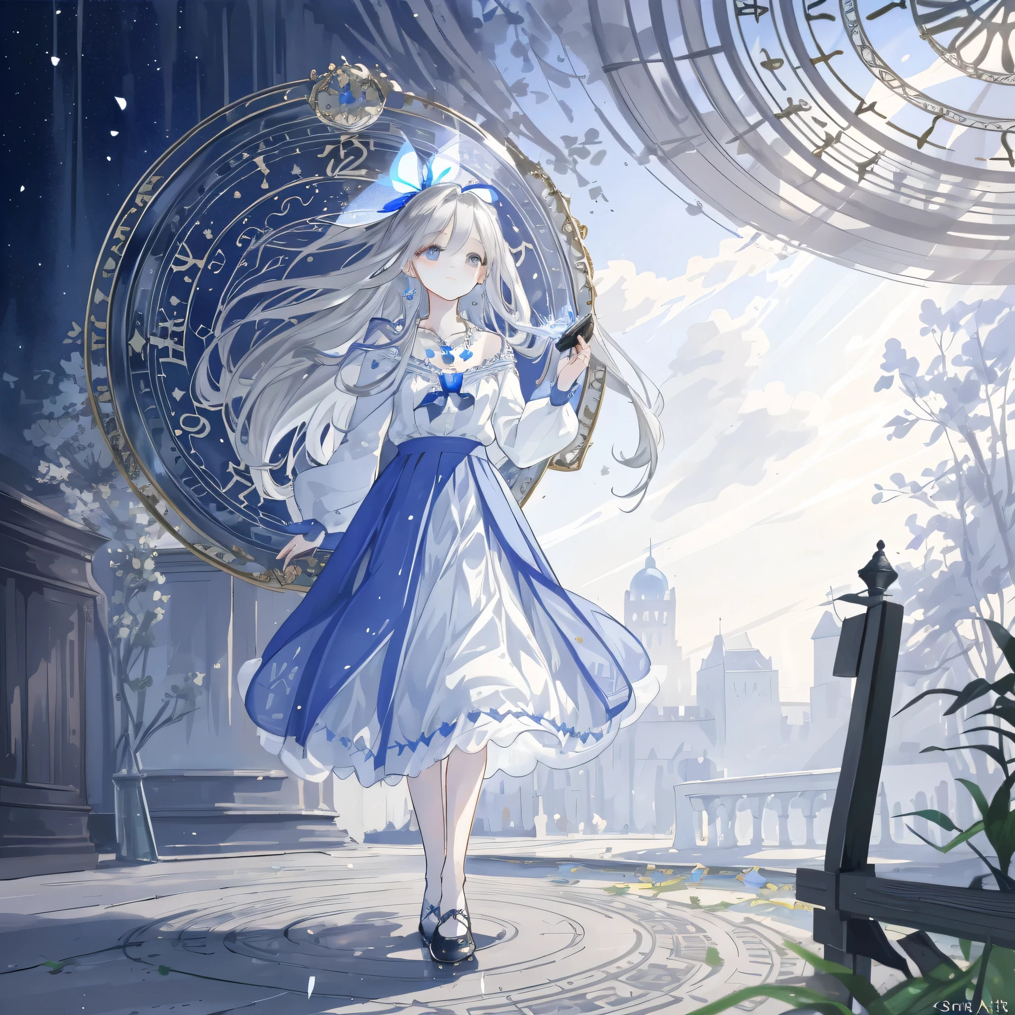 (masterpiece), (best quality), (1 girl)), amazing, beautiful detail eyes, fine details, depth of field, original, (best quality), (super detailed), (best illustration), (best lighting, best shadow), (very delicate and beautiful)), very detailed wallpaper, dream background, from front, landscape, young girl, , full body, long white hair, ((gray eyes)), beautiful detailed eyes, medium breasts, (((cobalt long skirt)), fluffy long sleeves, hair accessories, necklace, summer, light, light makeup, outdoor, windbling, floating, giggling, wet, (halo), magic circle, on cabinet, clock, mirror, air, flying