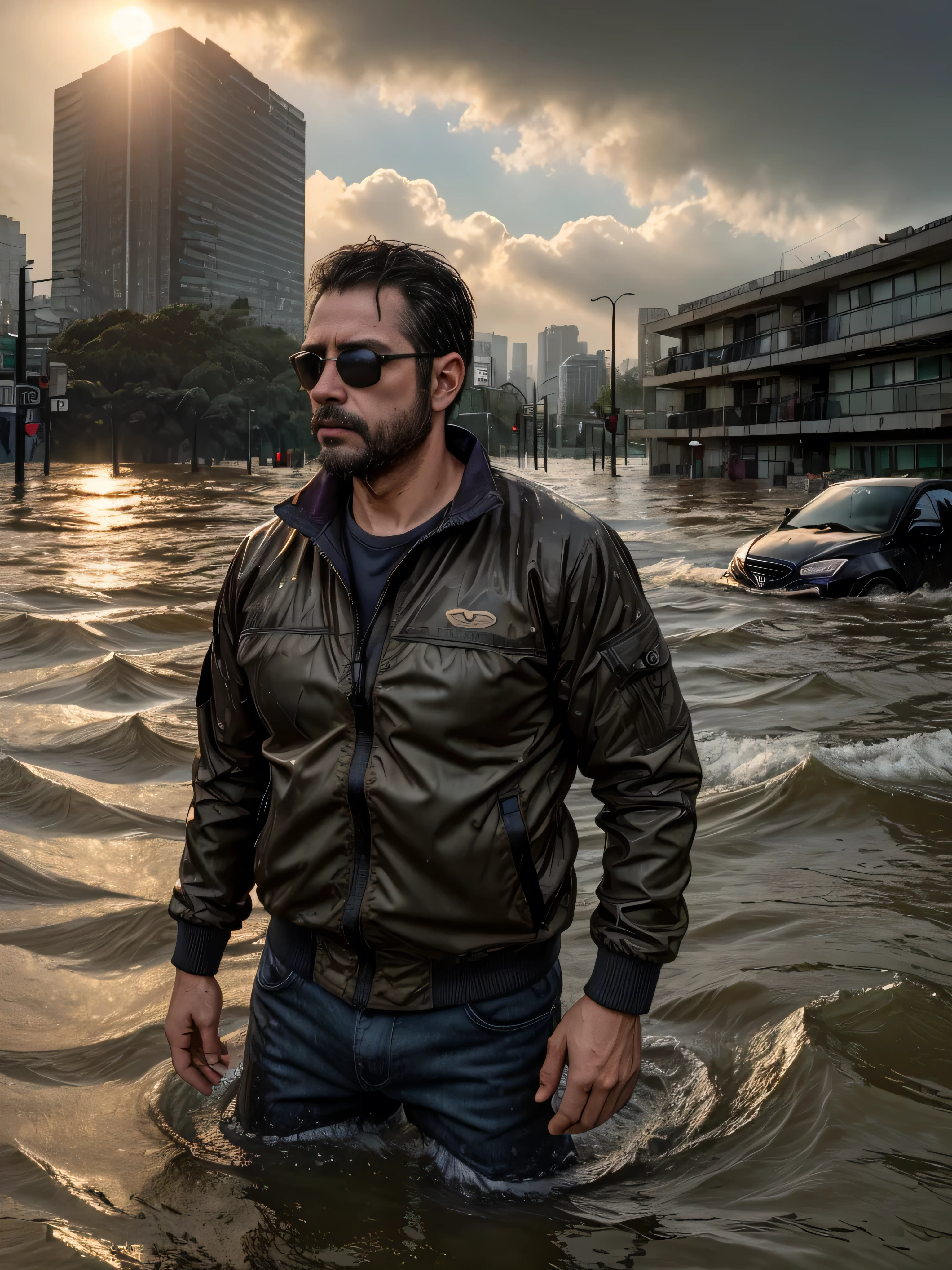 a 38-year-old man with a masculine appearance, dark sunglasses, extremely detailed facial features, medium shot from waist up, massive flood, standing waist-deep in rushing water, debris floating around, partially submerged buildings in background, wet clothes clinging to body, expression of intense determination and resolve, looking towards distant point, overwhelming force of floodwaters and destruction, photorealistic, hyper detailed, cinematic lighting, dramatic scene, dramatic lighting, environmental portrait, HDR, 8k, hyperrealistic, professional photography