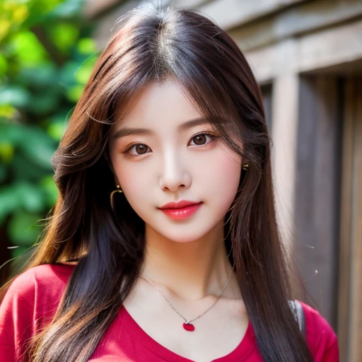 frontal photo Looking straight into the camera,8k quality,, Close-up photo of a cute Korean woman,Chest size 32 inches, His long hair flowed up.,) ponytail, Wear a crimson T-shirt., necklace, exterior outdoor flowers, Taken with a high quality camera 45,000,000 pixels, realistic light colors,