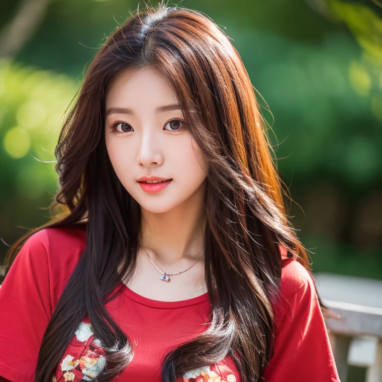frontal photo Looking straight into the camera,8k quality,, Close-up photo of a cute Korean woman,Chest size 32 inches, His long hair flowed up.,) ponytail, Wear a crimson T-shirt., necklace, exterior outdoor flowers, Taken with a high quality camera 45,000,000 pixels, realistic light colors,