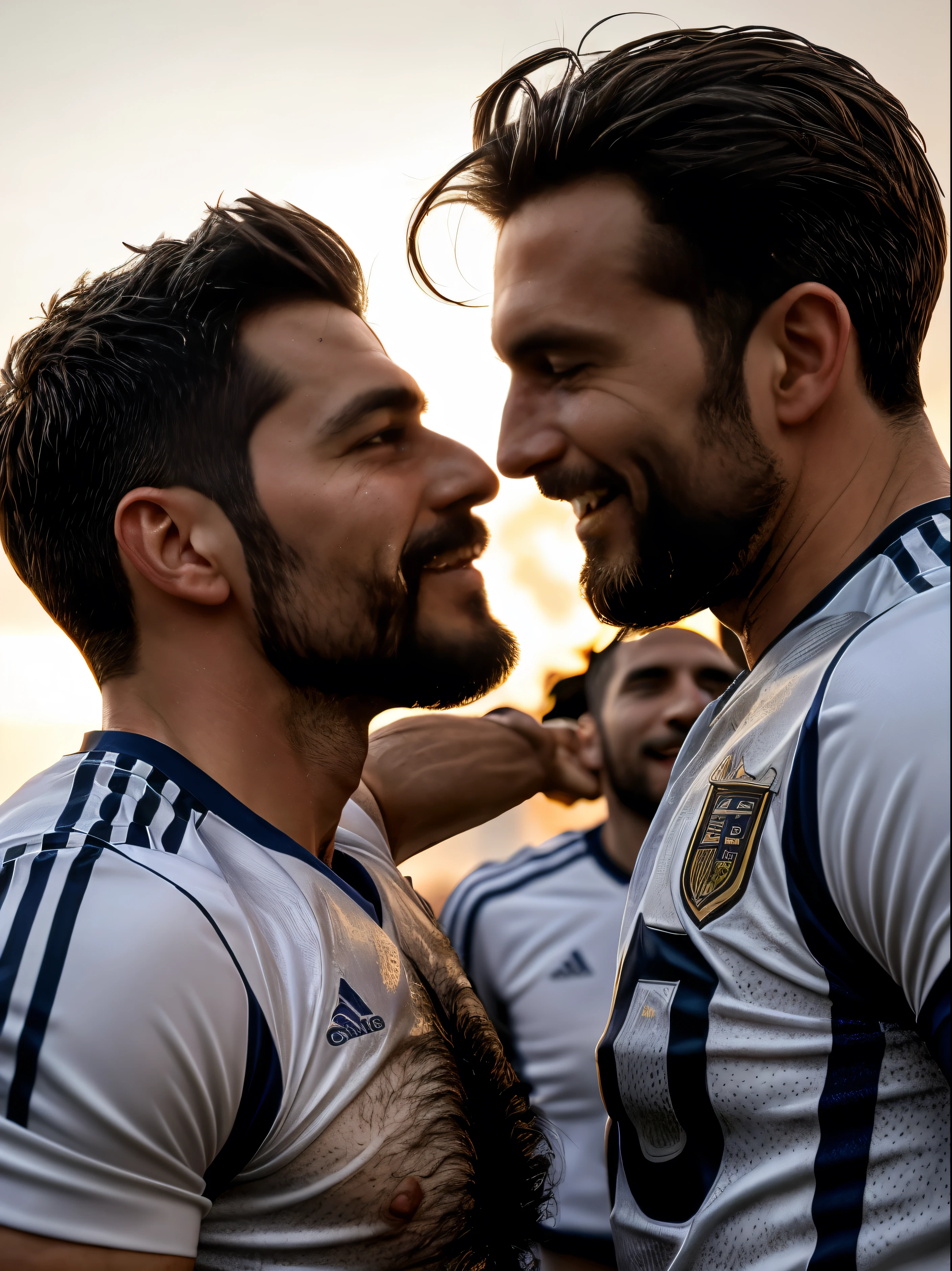 Obra de arte, melhor qualidade, high resolution, retrato em close, foco masculino, Foco apenas, Um homem, 45 anos, cabelo cinza, jogador de futebol, Jogador de futebol, cabelo cinza prateado, messy hairstyle, bonitinho and seductive face, Peito nu, pelos corporais, facial hair, nariz romano, corpo muito magro, pernas peludas, bonitinho, dimples, barba desalinhada, cavanhaque, queixo ousado , corpo todo, suado, ao fundo, um campo de futebol ao ar livre, vista de baixo, amazing composition, vista frontal, HDR, ultra qualidade, elegante, altamente detalhado, totalmente nu, dois homens, dois homens hugging, two jogador de futebols in love, two gay men passionate embrace, affectionate dois homens