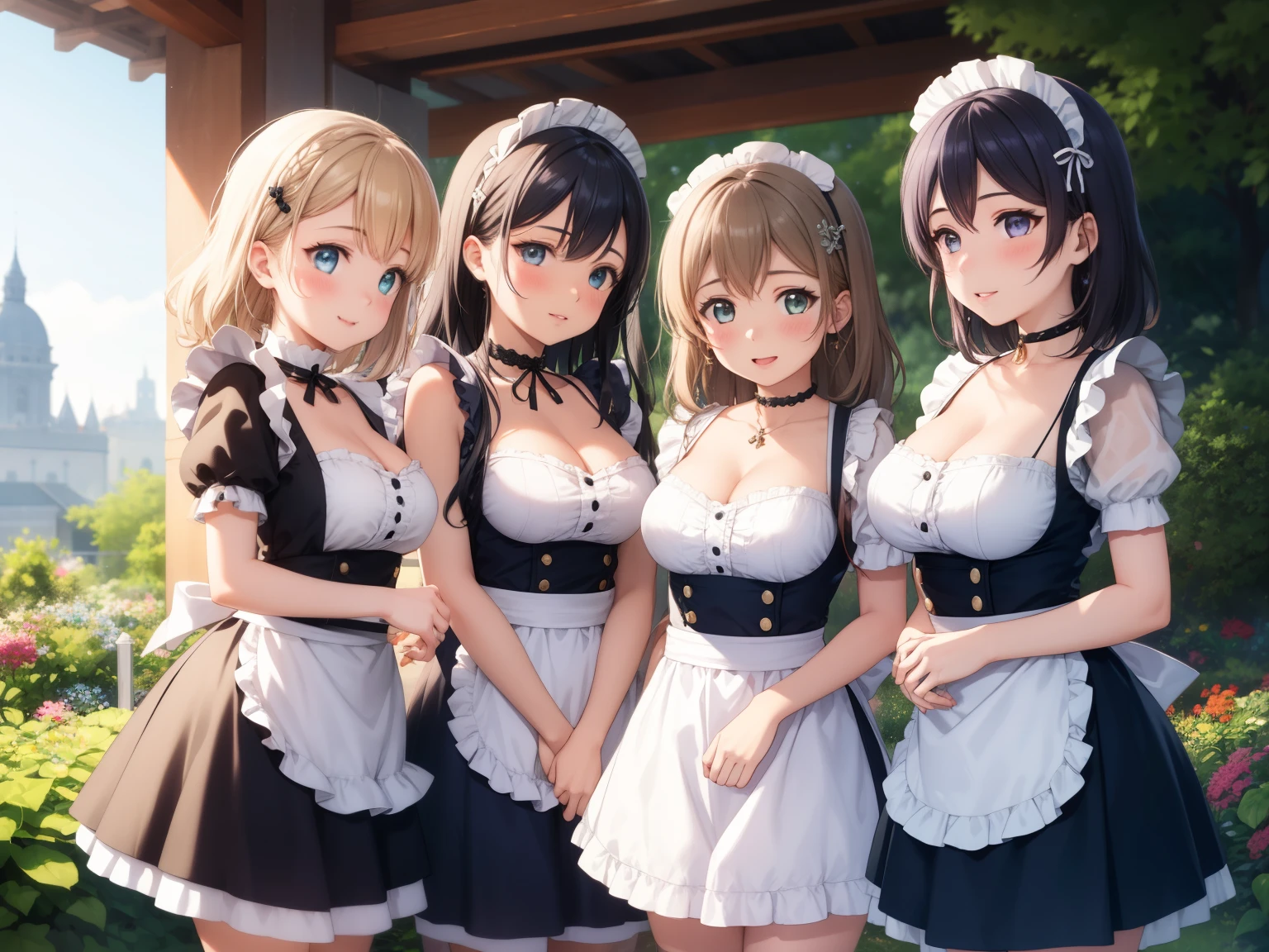 4girls, (multiple girls), natural lighting, masterpiece, highly detailed, illustration, game CG, absurdres, high quality, aichan, nozomi toujou, arisa ayase, large breasts, beautiful detailed eyes, bangs, glossy lips, light smile, blush, garden, maid, short puffy sleeves, small maid apron, thigh highs, collarbone, choker, cleavage, 