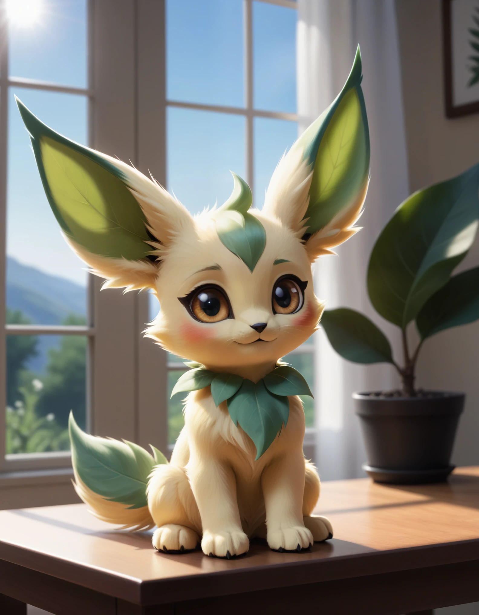 feral chibi (toony, leafeon, \:\3:1.25), black dot eyes, sitting, full-length portrait, front view, close-up, BREAK, room, window, plant, table, blue sky, inside, ambient silhouette, backlighting, detailed background, depth of field, masterpiece, best quality, light, 4k, 2k, (high detail:1.25), shaded, photography