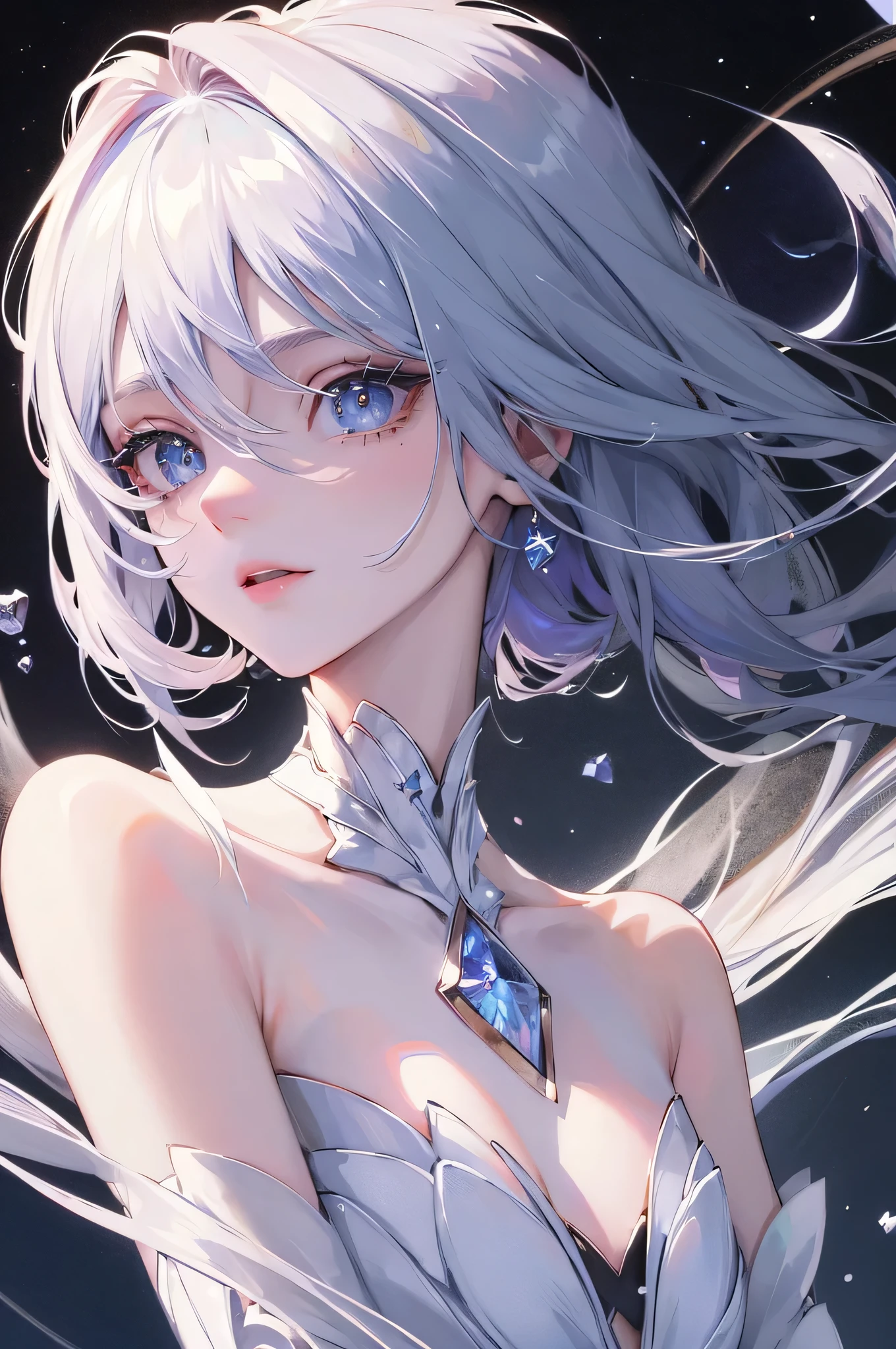 (Masterpiece, top quality, high resolution: 1.4), detail, intricate detail, 4K, color splash, line art, Fibonacci, silver-haired girl, white feather, blue sky