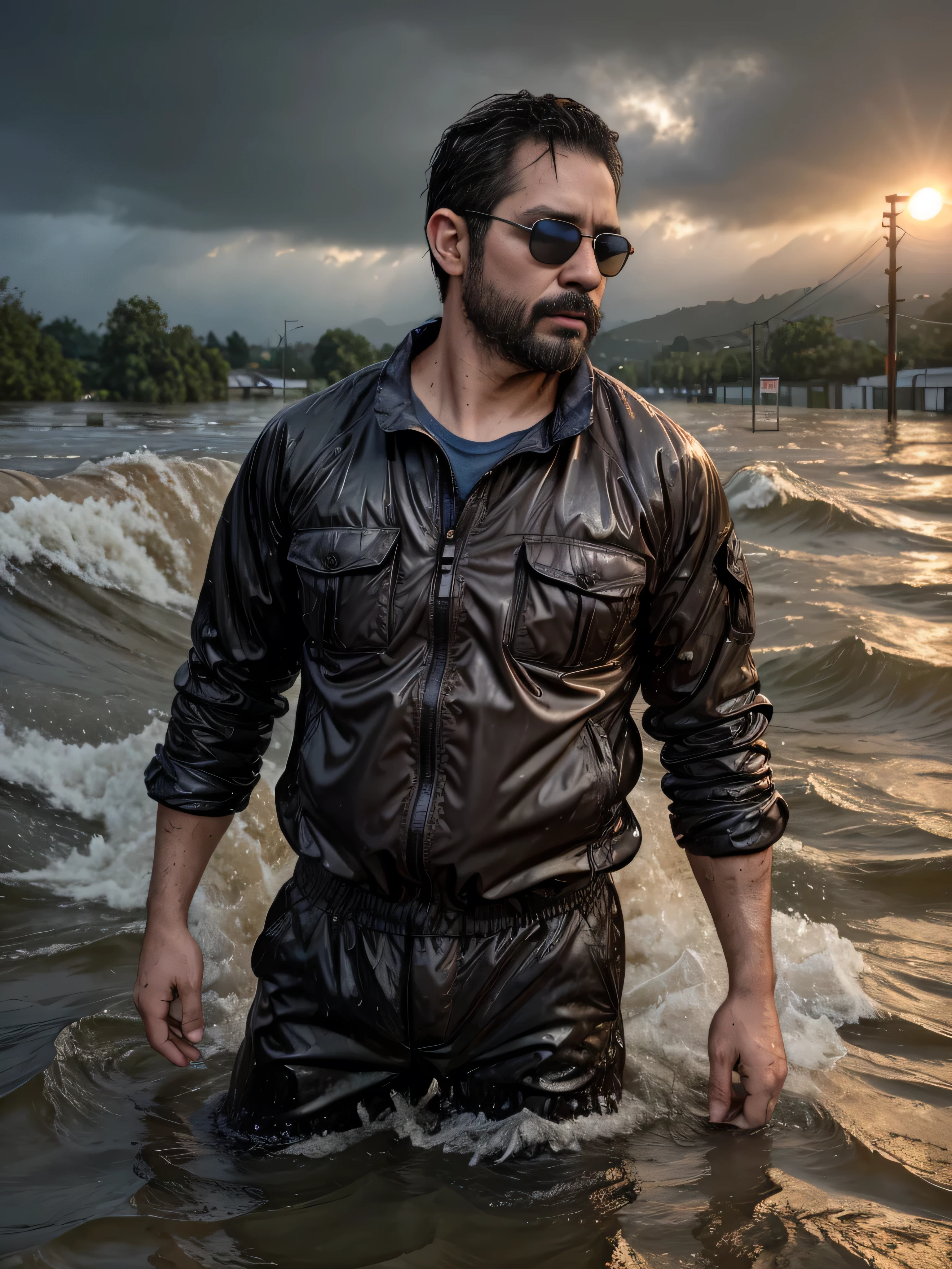 a 38-year-old man with a masculine appearance, dark sunglasses, extremely detailed facial features, medium shot from waist up, massive flood, standing waist-deep in rushing water, debris floating around, partially submerged buildings in background, wet clothes clinging to body, expression of intense determination and resolve, looking towards distant point, overwhelming force of floodwaters and destruction, photorealistic, hyper detailed, cinematic lighting, dramatic scene, dramatic lighting, environmental portrait, HDR, 8k, hyperrealistic, professional photography