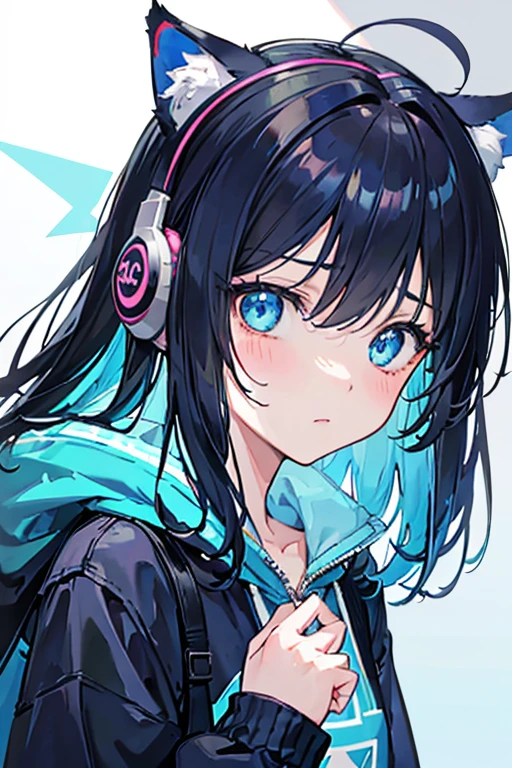 1girl, girl with dark hair and blue ahoge adorned with cat ear headphones, (close-up from the front), (indistinct hand: 1.2), (light blue sweater with green details: 1.1), your name, side view, full body, best quality, masterpiece, train interior, colorful, playful atmosphere, blushing cheeks, surprised expression, transportive setting, vibrant colors, sharp focus, realistic details, high-resolution illustration, expressive eyes and face, intense emotions, depth of field, Luminescent aura.