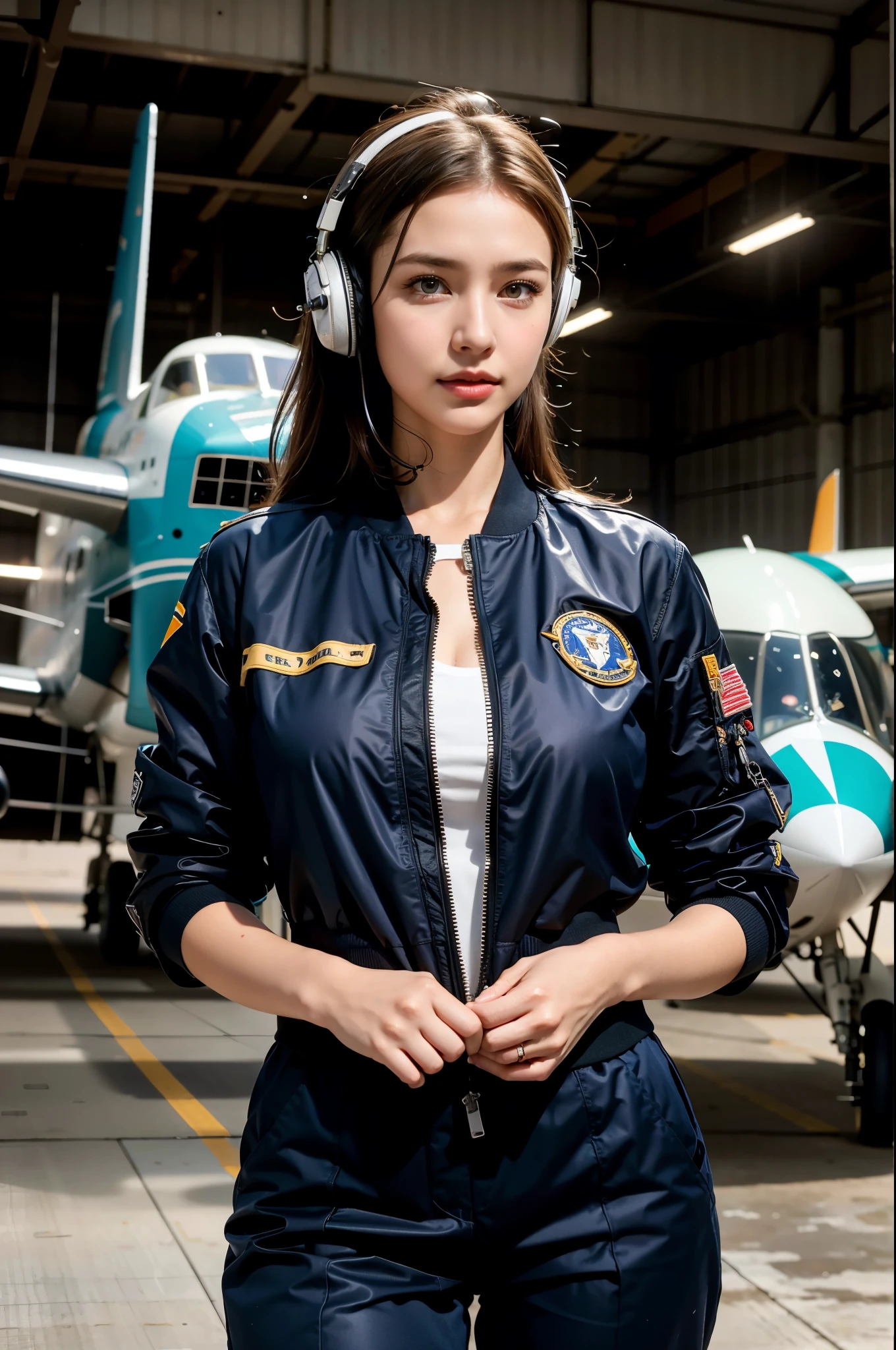Best quality, ((insanely Realistic RAW photo)), professional photograph, intricate composition, an extremely delicate and beautiful, ultra high res, professional natural lighting and shading, ((Realistic image of a extremely pretty female Aircraft mechanic, solo)), Inside a spacious Aircraft hangar, Vintage airplanes of the World War II era line the background, (Wearing a MA-1 Flight Jacket), (Wearing a headset), (wearing short pants), faint smile, She does aircraft maintenance, very professional mechanic, ((extremely beautifully detailed eyes and face)), ((insanely beautiful natural skin texture)), (Accurate eyes), Accurate hands, Well-balanced overall body