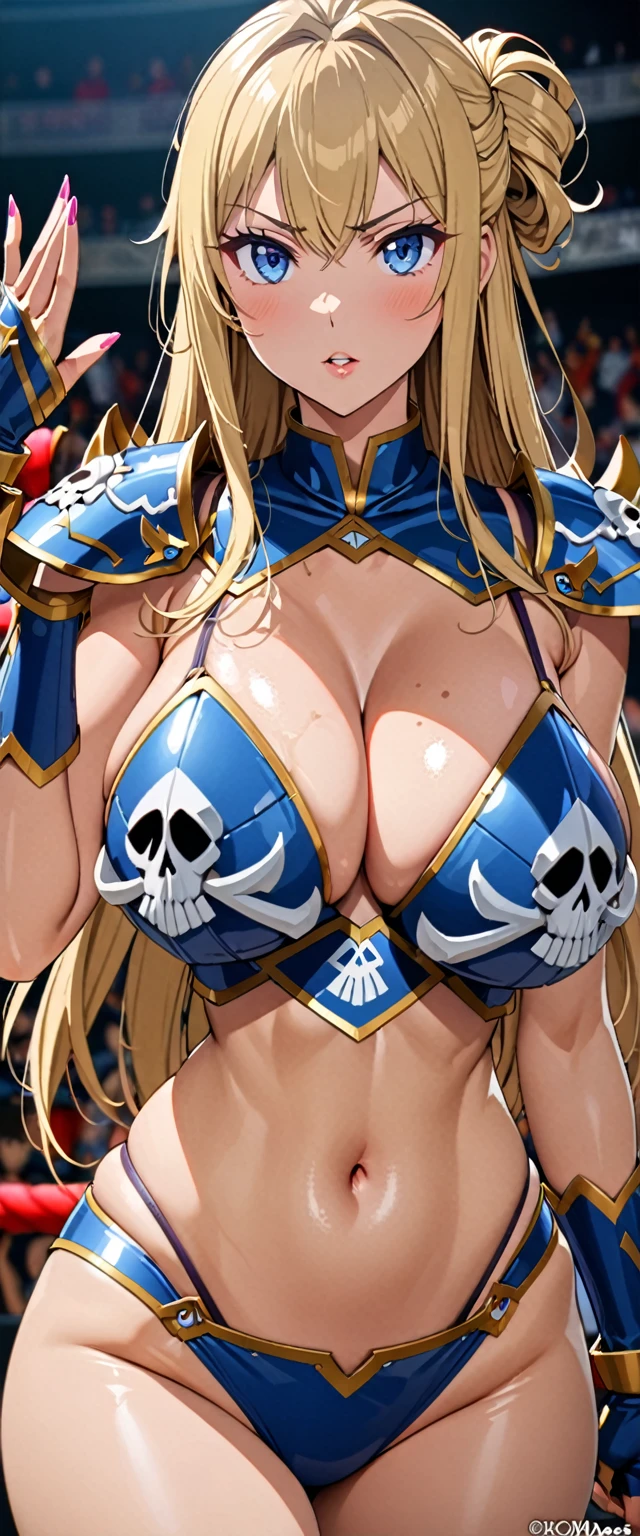 ((masterpiece)), ((high quality)), ((super detailed)), ((high resolution)) ,((8k)), a beautiful woman, ((She is one of the most famous female Gravure actress in the world.)), unparalleled beauty, ((huge breast)), ((large ass)), ((deep cleavage)), slim waist, chest out, ultra detailed face, perfect skin, (((Half-up hairstyle, Blonde Straight Hair))), blue eyes, detailed eyes, whole body image, (((anime))), ((glamorous)), 24 years old, ((incredibly beautiful woman)), ((The I cup bust)), ((((Bikini armor with skull decoration)))), ((beautiful breasts)), beautiful legs, 8 life size, anime, the most beautiful and strongest, ((charm)), ((Half Japanese and half British)), ((Grown-up face)), ((Open Finger Gloves, Five fingers)), (((Women's mixed martial arts, A fighting arena , A beautiful villain woman))),