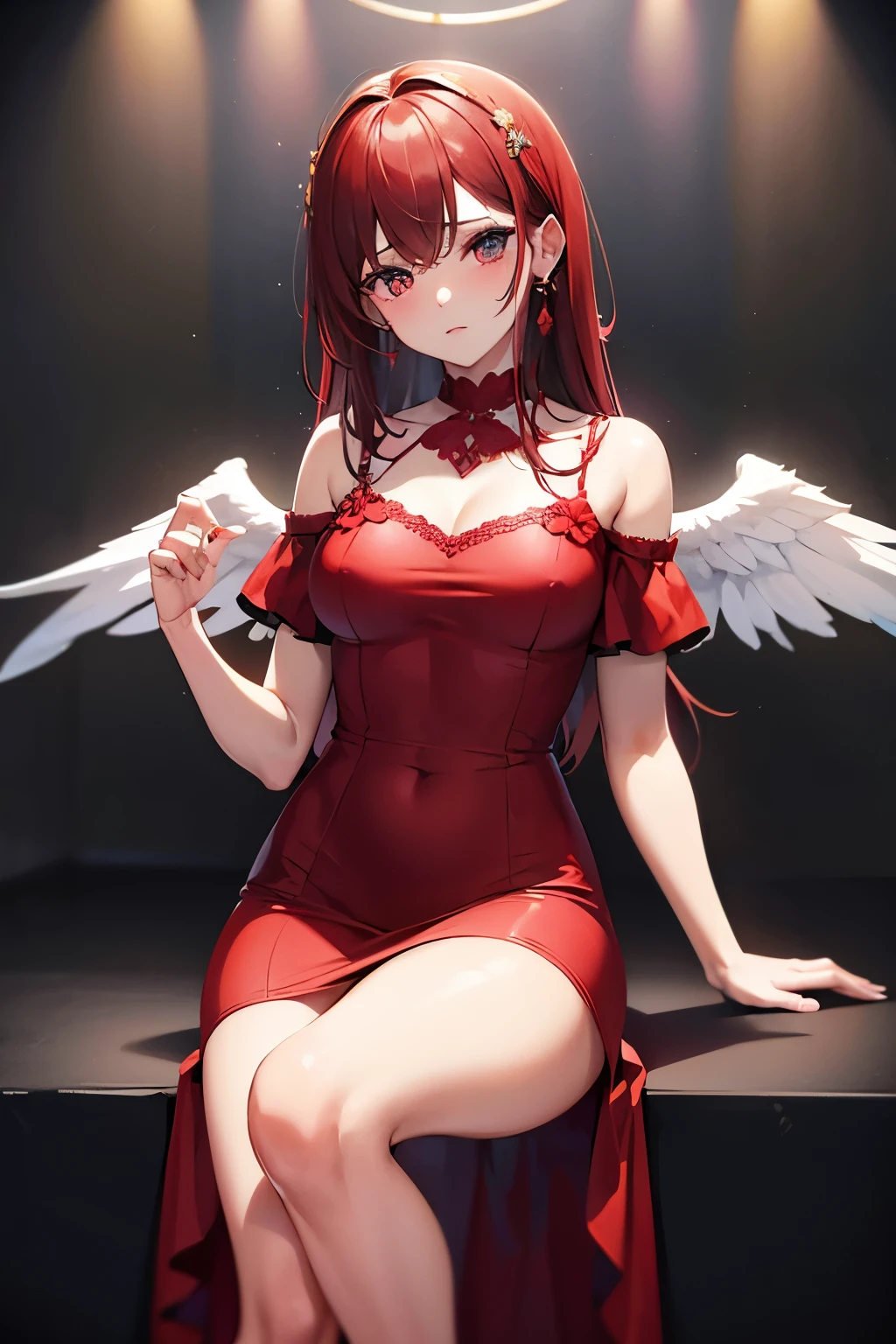 Concepto de vestido rojo corto angelical con accesorios en forma de ojos