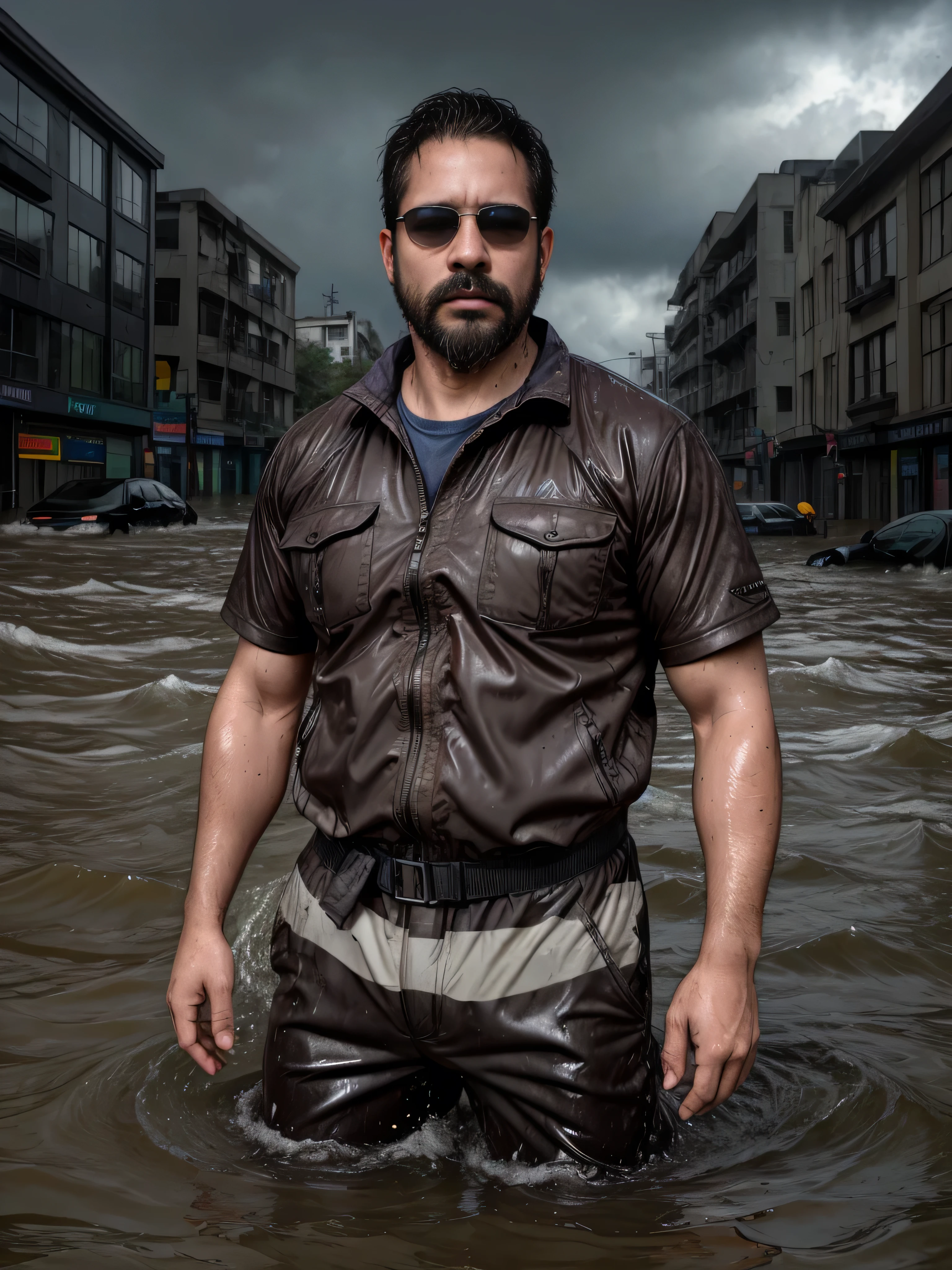 a 38-year-old man with a masculine appearance, dark sunglasses, extremely detailed facial features, medium shot from waist up, massive flood, standing waist-deep in rushing water, debris floating around, partially submerged buildings in background, wet clothes clinging to body, expression of intense determination and resolve, looking towards distant point, overwhelming force of floodwaters and destruction, photorealistic, hyper detailed, cinematic lighting, dramatic scene, dramatic lighting, environmental portrait, HDR, 8k, hyperrealistic, professional photography