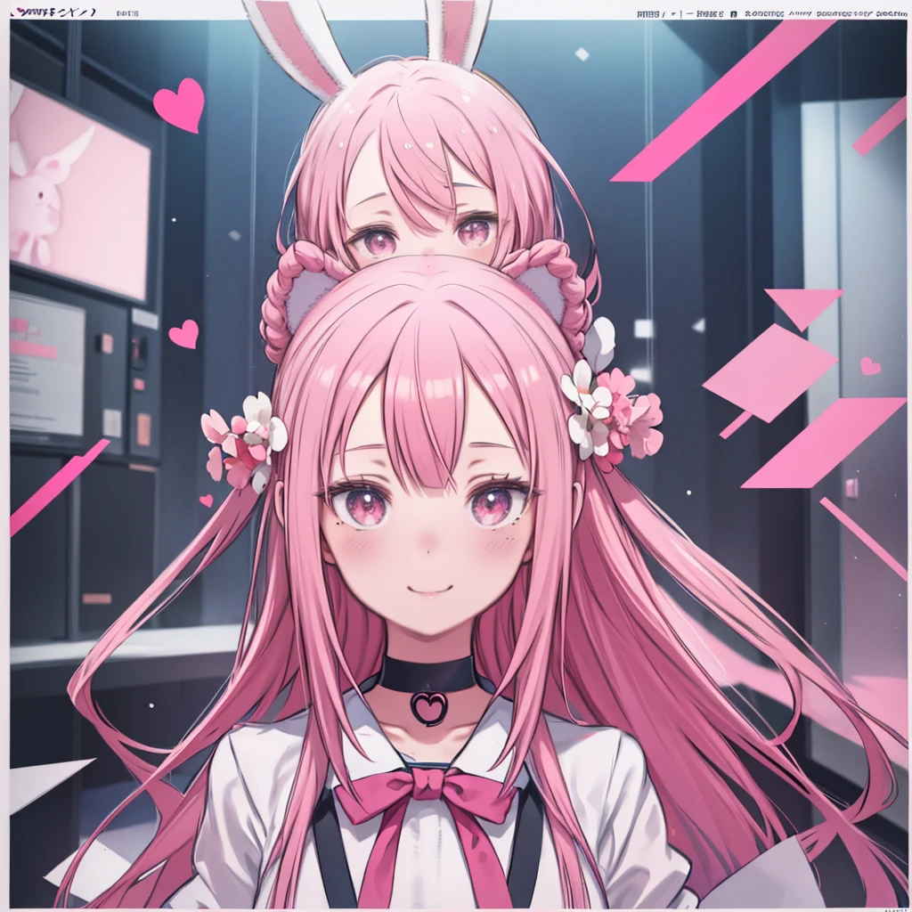 Anime girl with bunny ears and pink hair in a room、beautiful flower々),Mole under the eye, Heart-shaped choker, (masterpiece, highest quality), Official Art, beautifully、aesthetic: 1.2), (1 girl), Very detailed, (Geometry Art: 1.3), colorful、Pink Bob Hair、Bunny ears、 whole body、smile、University Uniforms