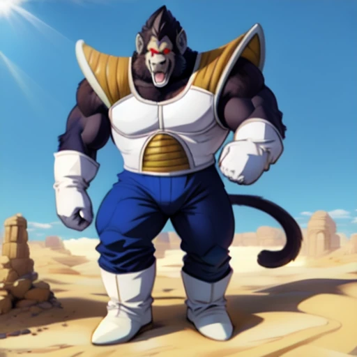 oozaru, macro, gorilla, brown head, prick ears, monkey tail, bent legs, looking down, oovegeta, bara, barazoku, long muzzle, teeth, fangs, landscape dwarfing, boots, (gloves:1.5), open mouth, tongue, teeth, fangs, fist, day, sunlight, red eyes, glowing eyes, big eyes, no pupils, no sclera, blue suit, tight suit, saiyan armor, (shoulder armor:1.5), armor, sunlight, summer, desert,
