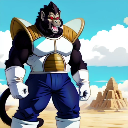 oozaru, macro, gorilla, brown head, prick ears, monkey tail, bent legs, looking down, oovegeta, bara, barazoku, long muzzle, teeth, fangs, landscape dwarfing, boots, (gloves:1.5), open mouth, tongue, teeth, fangs, fist, day, sunlight, red eyes, glowing eyes, big eyes, no pupils, no sclera, blue suit, tight suit, saiyan armor, (shoulder armor:1.5), armor, sunlight, summer, desert,
