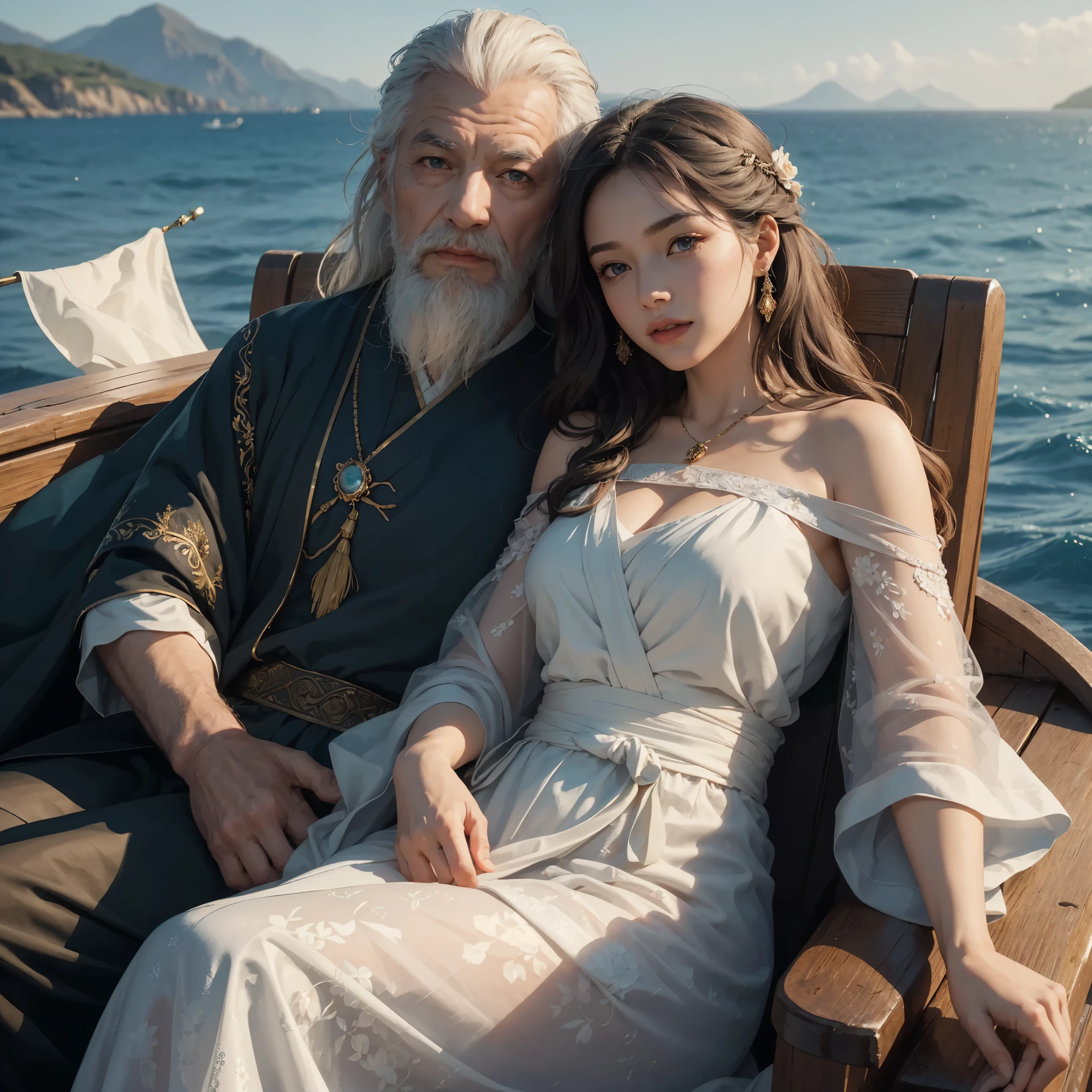 epiCRealism, --epiCRealism-- , epiCRealism A stunning and highly detailed 8k wallpaper featuring an older man like gandalf and a young girl asian like rose blackpink sitting on a boat in the water. her sit far away. The older man, with a wise and kind expression, gazes at the horizon, while the woman, with her radiant and captivating eyes, looks at him with admiration. Their clothing is intricately designed, with the man wearing a traditional robe and the woman in a flowing gown. The background showcases a serene yet dramatic sunlit landscape with clear blue waters, rolling hills, and a distant lighthouse. This masterpiece of a painting is a testament to the incredible artistic skills of the artists, including super fine photo captures the essence of beauty and realism (((Very detailed face)))), ((Very detailed eyes and face)))), Beautiful detail eyes, Body parts__, Official art, Unified 8k wallpaper, Super detailed, beautiful and beautiful, beautiful, masterpiece, best quality, original, masterpiece, super fine photo, best quality, super high resolution, realistic realism, sunlight, full body portrait, amazing beauty, dynamic pose, delicate face, vibrant eyes, (from the front), The old man, with a strong Greek presence, wears a long, flowing fabric shirt that highlights his robust and tall stature. Together, they sit on a majestic boat that glides effortlessly on the water. The afternoon sun casts a warm, golden light over the scene, illuminating their radiant presence and the large sail that catches the wind
