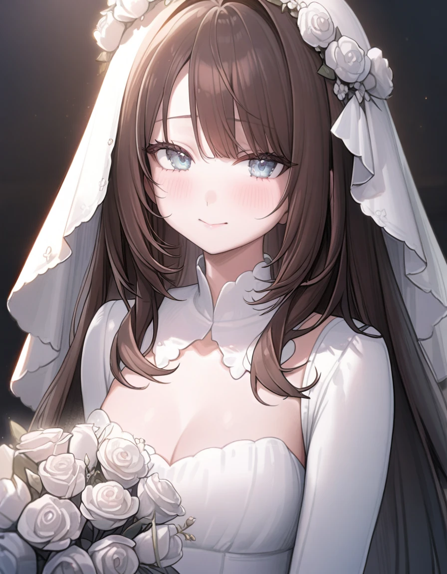 1 girl, beautiful, adult girl, blue eyes, brown hair, long hair with bangs, upper body, neckline, middle chest, looks at the viewer, dressed in a white wedding puffy dress with long sleeves, white veil, white wreath of white roses on her head, holding a bouquet of white roses, at the ceremony, light, wedding, blush, embarrassed, small smile, detailed, beautiful, in detail, delicate tones