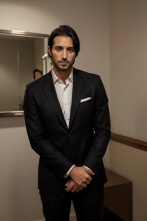 A handsome 32-year-old man with a stern and sharp face, his eyes reflecting deep intelligence, dressed in a dark business suit that fits his tall stature perfectly. His gentle smile reveals the warm and caring side of his typically serious and professional demeanor. His black hair is neat and tidy, adding to the impression of firmness and order.
