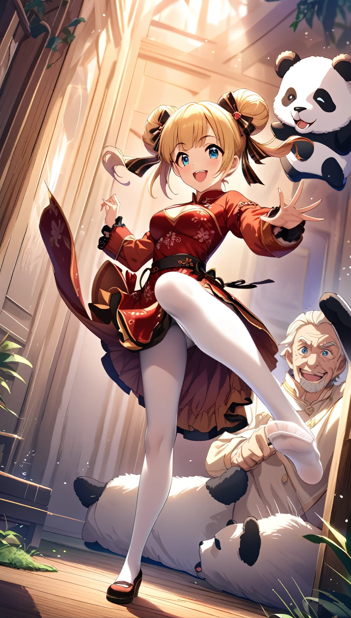 masterpiece, highest quality, Very detailed, High resolution, An expensive solution, Anime high school girl spin kicking an old man, One girl, Blonde Hair, blue eyes, Bun twin tail, 1 wearing orange sunglasses.5 Medium chest, , Long red Chinese dress White knee-high pantyhose, smile, Panicked, View Viewer, Standing on a giant panda Full body view