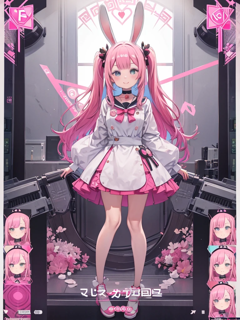 Anime girl with bunny ears and pink hair in a room、beautiful flower々),Mole under the eye, Heart-shaped choker, (masterpiece, highest quality), Official Art, beautifully、aesthetic: 1.2), (1 girl), Very detailed, (Geometry Art: 1.3), colorful、Pink Bob Hair、Bunny ears、 whole body、smile、University Uniforms