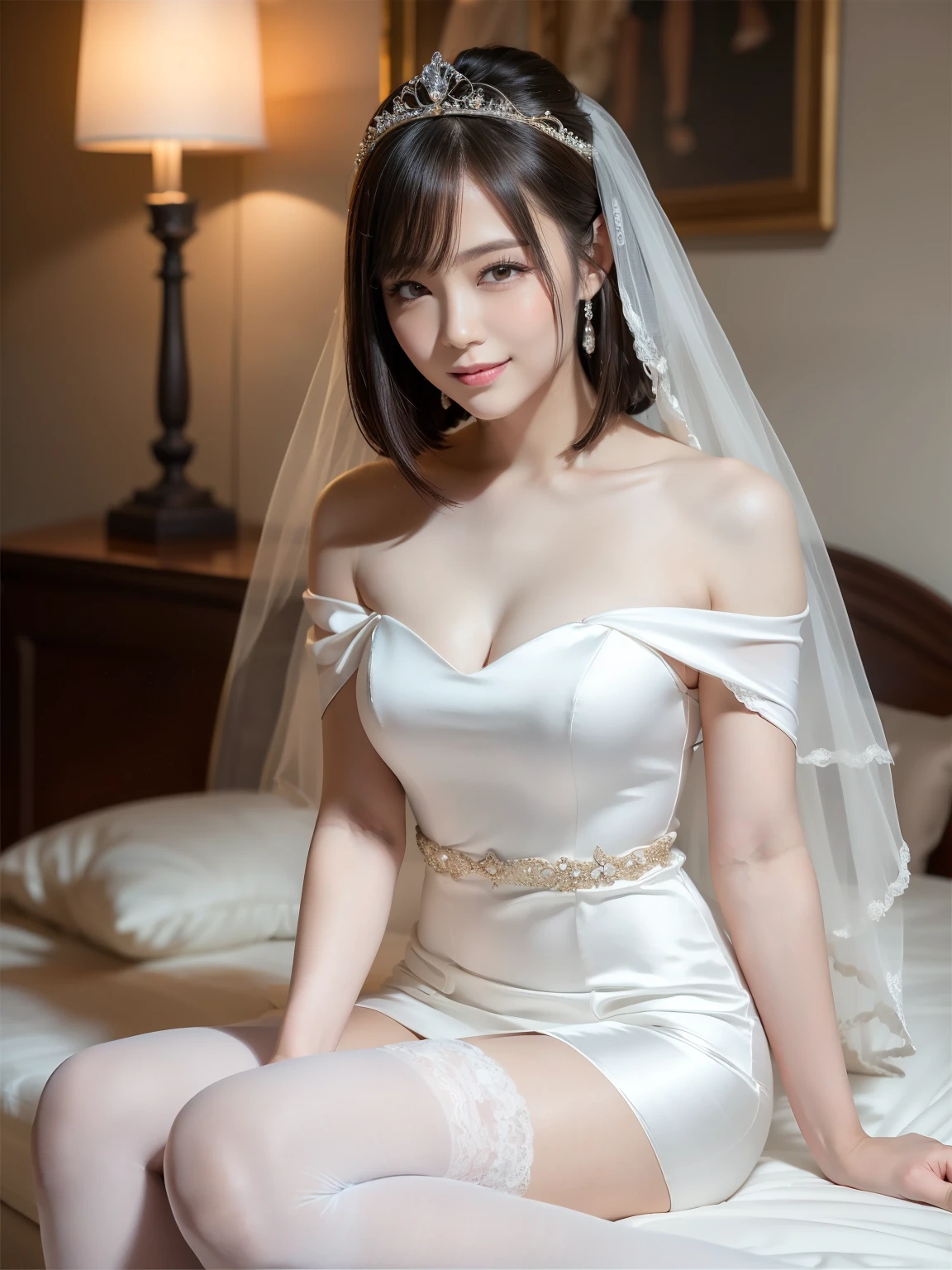 (Best quality: 1.5), (Realistic: 1.5), (1 person: 1.5), (Medium shot: 1.5), Highly detailed, High resolution, 8k, Medium breasts, Natural colored lips, Cute smile, Japanese woman, 20-year-old girl, beautiful and elegant features, perfect and beautiful face, large eyes with good balance between the left and right sides, brunette eyes, beautiful and elegant features, beautiful double eyelids, natural bangs, beautiful thin nose, beautiful skin, fair skin, (medium bob hair), natural bangs, perfect and beautiful face, slim face and figure, (looks at the camera with a sweet smile), bright lighting, professional lighting, forward lighting, princess line wedding dress, best Wearing a luxury bridal tiara (wearing a pure white off-shoulder wedding dress), luxury wedding dress, lace white gloves, bridal veil, (sit on bed), luxury bed, micro mini skirt, ((garter belt)), knee-high lace stockings,