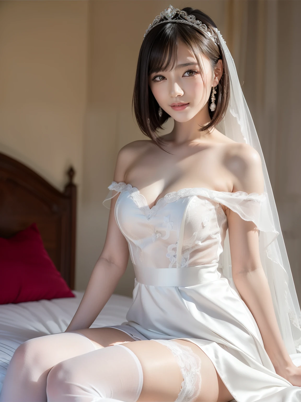 (Best quality: 1.5), (Realistic: 1.5), (1 person: 1.5), (Medium shot: 1.5), Highly detailed, High resolution, 8k, Medium breasts, Natural colored lips, Cute smile, Japanese woman, 20-year-old girl, beautiful and elegant features, perfect and beautiful face, large eyes with good balance between the left and right sides, brunette eyes, beautiful and elegant features, beautiful double eyelids, natural bangs, beautiful thin nose, beautiful skin, fair skin, (medium bob hair), natural bangs, perfect and beautiful face, slim face and figure, (looks at the camera with a sweet smile), bright lighting, professional lighting, forward lighting, princess line wedding dress, best Wearing a luxury bridal tiara (wearing a pure white off-shoulder wedding dress), luxury wedding dress, lace white gloves, bridal veil, (sit on bed), luxury bed, micro mini skirt, ((garter belt)), knee-high lace stockings,