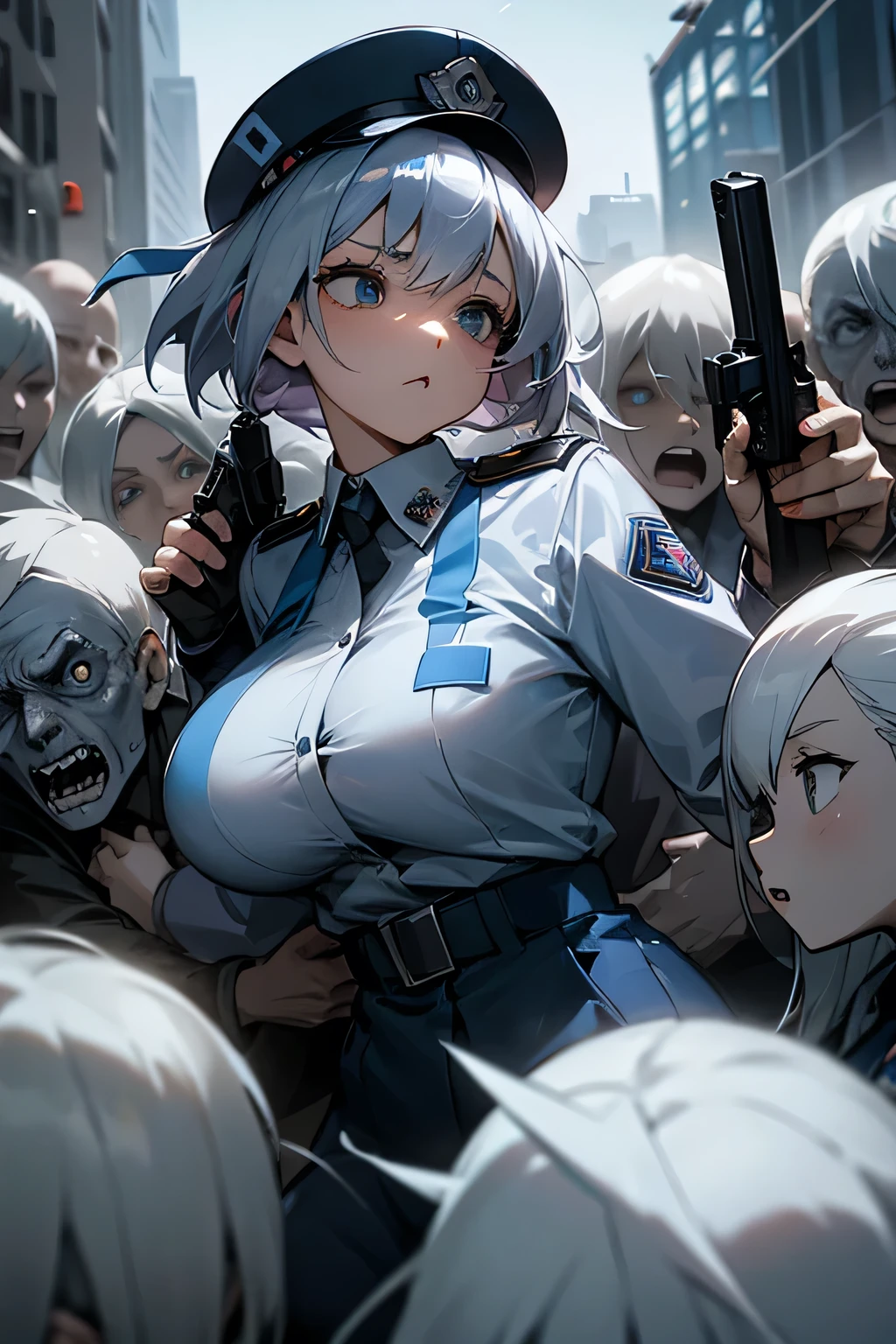 A big-breasted anime girl with silver hair and wearing a police uniform is surrounded and chased by zombies holding a gun
