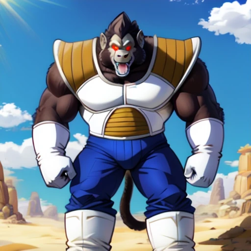 oozaru, macro, gorilla, brown head, prick ears, monkey tail, bent legs, looking down, oozaru vegeta, bara, barazoku, long muzzle, teeth, fangs, landscape dwarfing, boots, (gloves:1.5), open mouth, tongue, teeth, fangs, fist, day, sunlight, red eyes, glowing eyes, big eyes, no pupils, no sclera, blue suit, tight suit, saiyan armor, (shoulder armor:1.5), armor, sunlight, summer, desert, (massive pactoral:1.50),