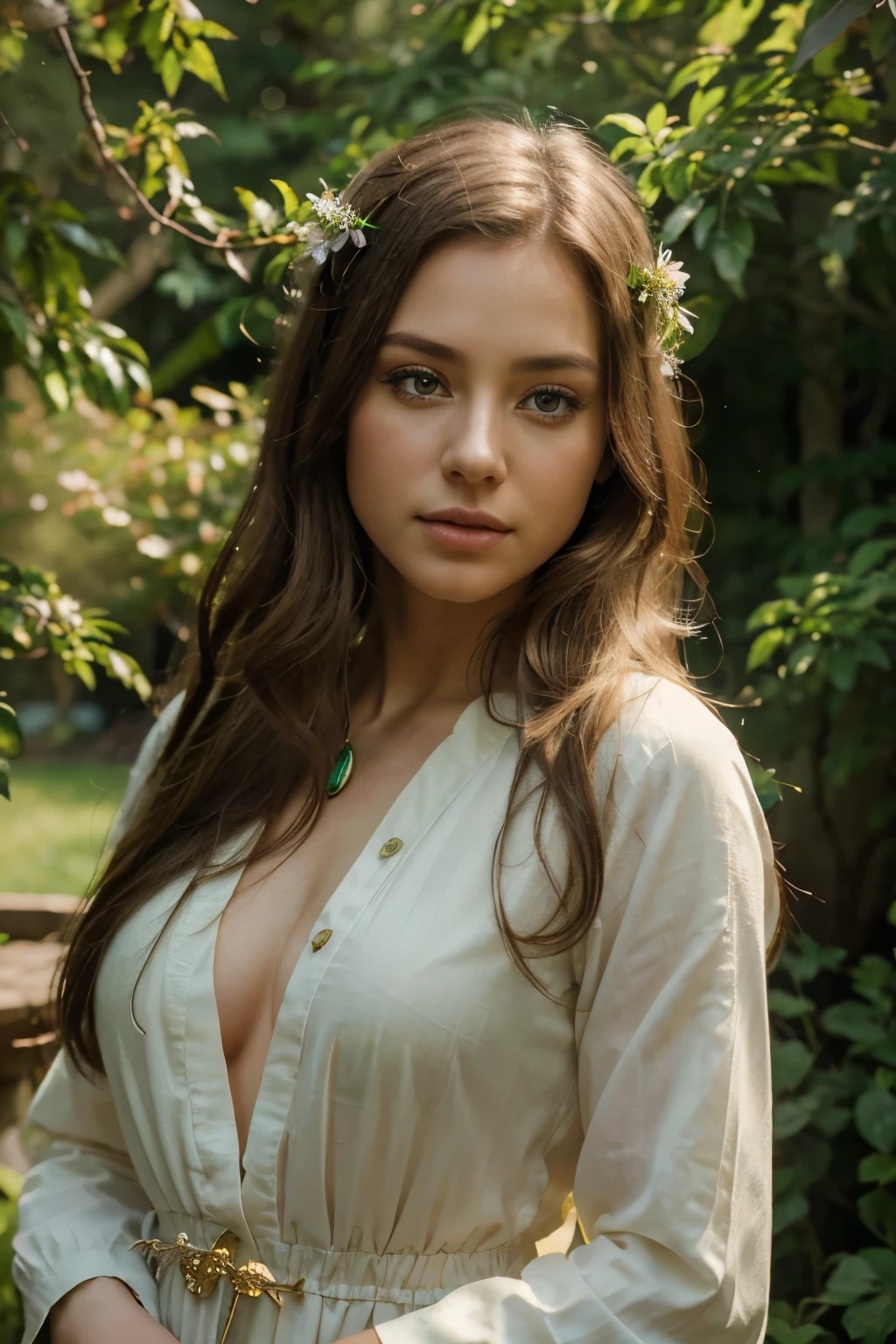 20 year old spanish woman, Real women、realistic pictures、Portrait from the shoulders up、Portraits that focus on the face、back view、long wavy hair, perfect details, perfect face details, perfect eye details , very beautiful skin、perfect skin details, written boundary depth, in a very dark and deep forest、There is a thick morning mist surrounding the area.、Completely ?????、No bra、No panties、exposed shoulders、expose one's chest、expose the nipples、face focus , Small and realistic female body shape、he wears a wreath of flowers on his head.、rose、 fantastically beautiful, romantic、low contrast、very soft light, ((david hamilton style)), highest quality, Photoreal, 8K, High resolution, fine skin, 20 year old female、very cute spanish model、very detailed face、detailed nipples、the most beautiful face、Very close up of the face、Portrait from the shoulders up、Portraits that focus on the face、ideal model body type、big face、beautiful back、short torso、there's no one here、standing at the base of a large tree、Completely ?????、No panties、Completely anatomically correct body、one head、upper arm、2 feet、smiling、open your mouth a little、A little white teeth are visible、embarrassed look、model pose、enjoy、feeling happy、From the back、from a little below、