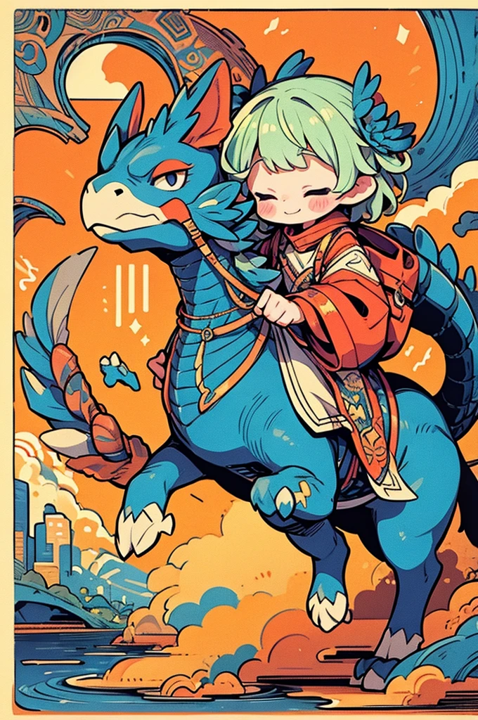 masterpiece, Detailed Background, pretty girl、Riding on the back of a cute dragon、Happy expression、Little
