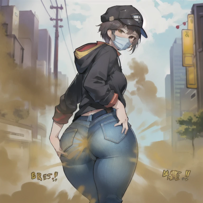 (((Mascular girl))),wearing street cap, ((wears mask)),tomboy haircut,Yellow smoke,Attacked by farts, Attack with farts,)),(attacks with farts)),((wearing blue hoodie and jeans with mask and street cap)),velocity,, (((Yellow smoke is rising ))),((Hip Attack)),((fart while covering her butt),((Facing this way))),(Black and short hair),masterpiece:1.2、top-quality)、(the Extremely Detailed CG Unity 8K Wallpapers、ultra-detailliert、Best Shadows)、(Detailed background)、(The best lighting、extremely delicate and beautiful)、depth of fields,((Girl fart)),(big fart),(((((public behind tomboy girl.......))))),(((tomboy girl attacks with a hip attack..))),(((high-handed female model)),(Tomboy girl hides her face),(((tomboy girl covers her ass))),(cover ass with both hands),((massive fart)),(,((fart text)),(THE TEXT:BBRRPPHHH)),((city streets))