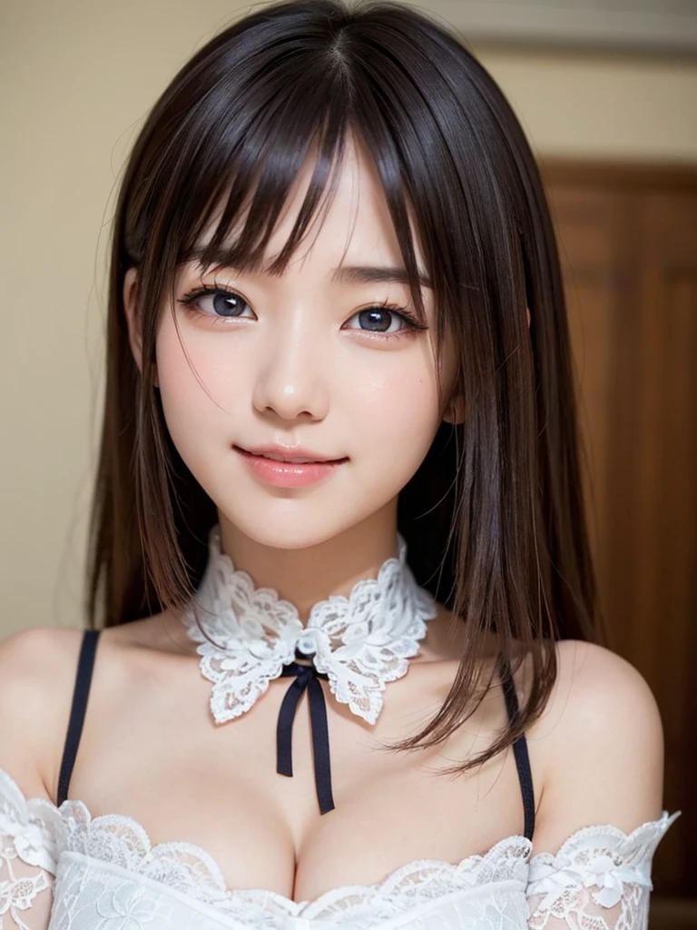brightexpression、photorealistic stick:1.32、highest quality、超A high resolution、Photos of the most beautiful Japan girls、cute and beautiful face details、small face、(Pueros face_V1:0.008)、Beautiful bangs、14 years old、Brilliant white skin、hair gets tangled in face、Bangs that reach down to the face、bangs、hair between eyes、super long hair、charming brown silky hair、bright、Clear light blue eyes shine charmingly、ample breasts、Dynamic poses highest quality、disorganized、((the cutest girl in the world))、Japanese、14 years oldの女の子、Cafe、((lace dress:1.3))、(half up hair:1.3)、(tie with a thin ribbon)、nice and cute、innocent smile、nice smile、cleavage、(big breasts:1.3)、ponytail、brown hair、thin waist、detailed beautiful eyes、face forward、Upper body、close up of face、Front view、