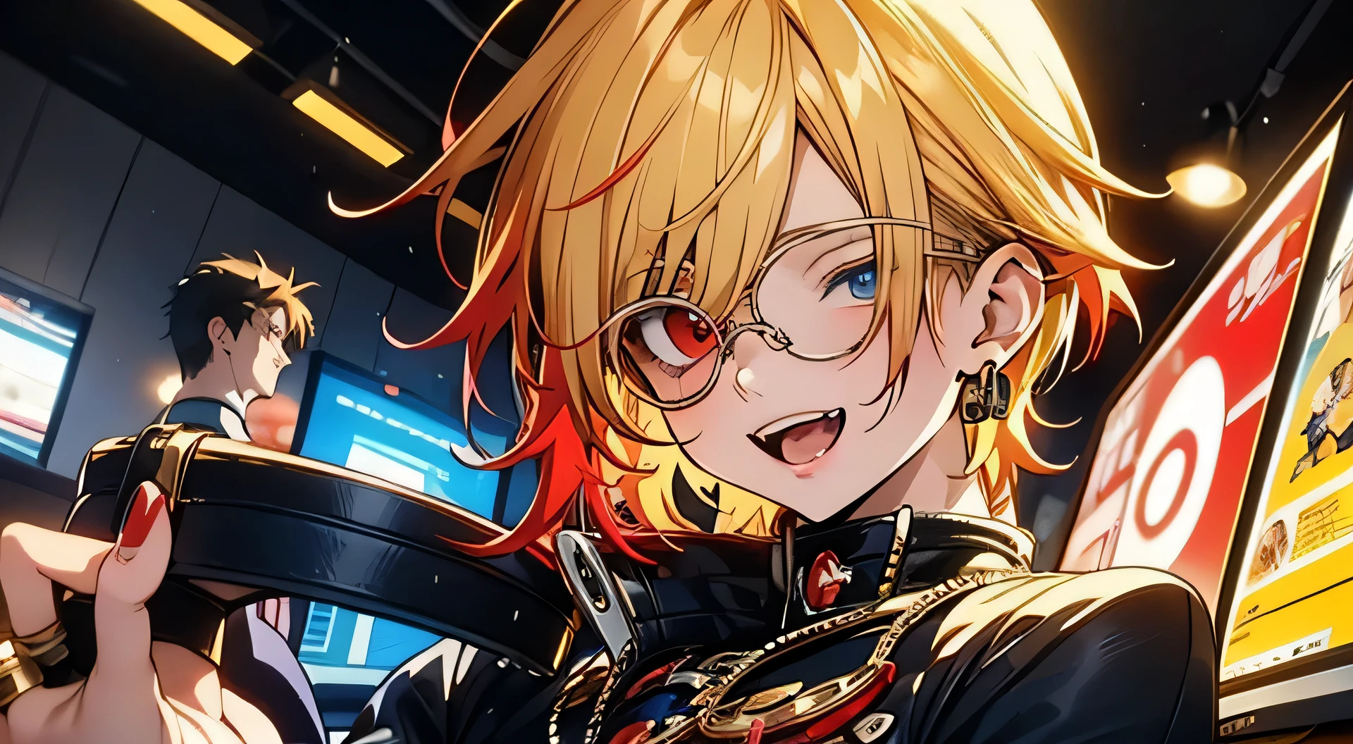 Highest quality,masterpiece,Anime boy with blonde and red hair mesh and a monocle surrounded by computers, A boy with red and blue eyes, Clock-shaped accessories,2D Anime Style, Also, Anime Moe Art Style, Anime style portrait, Bright colors.Digital 2D,  [ Digital Art ]!!, 8k!!