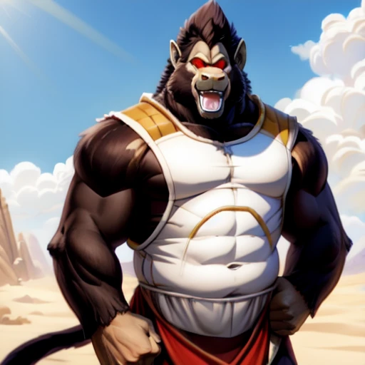 oozaru, macro, gorilla, brown head, prick ears, monkey tail, bent legs, looking down, oozaru vegeta, bara, barazoku, long muzzle, teeth, fangs, landscape dwarfing, (no clothes:1.5), open mouth, tongue, teeth, fangs, fist, day, sunlight, red eyes, glowing eyes, big eyes, no pupils, no sclera, armor, sunlight, summer, desert,
