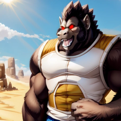 oozaru, macro, gorilla, brown head, prick ears, monkey tail, bent legs, looking down, oozaru vegeta, bara, barazoku, long muzzle, teeth, fangs, landscape dwarfing, (no clothes:1.5), open mouth, tongue, teeth, fangs, fist, day, sunlight, red eyes, glowing eyes, big eyes, no pupils, no sclera, armor, sunlight, summer, desert,
