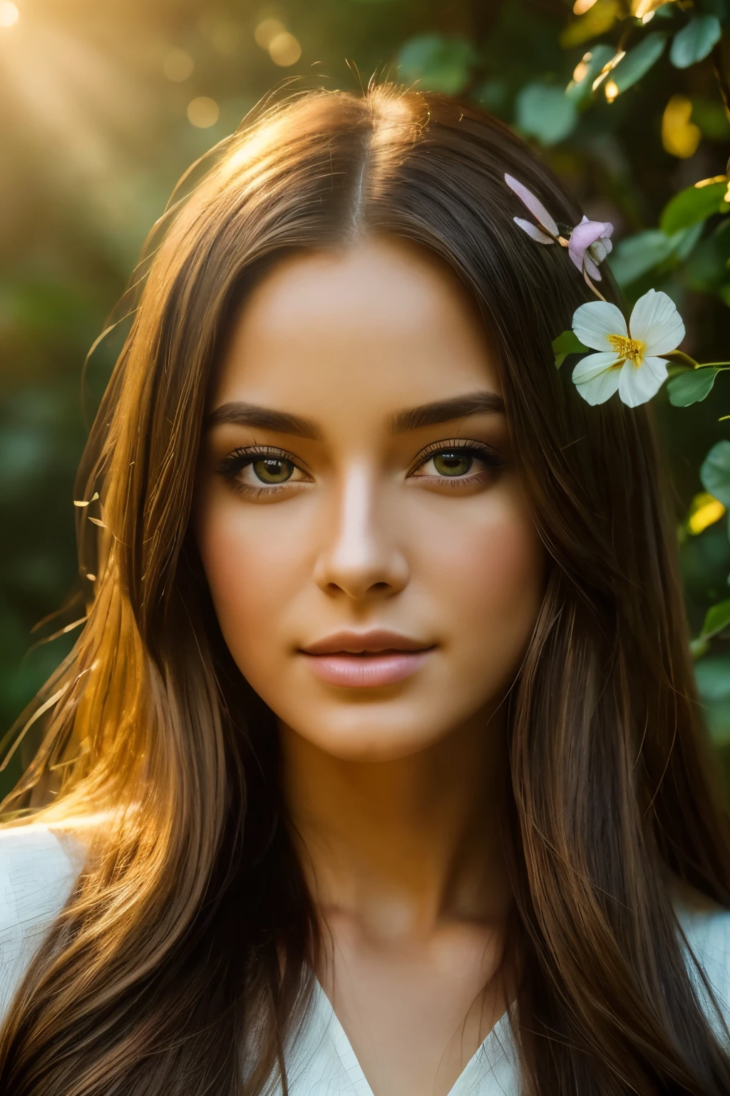 A lucky girl in a serene garden, (best quality, 4k, 8k, highres, masterpiece:1.2), ultra-detailed, (realistic, photorealistic, photo-realistic:1.37), beautiful detailed eyes, beautiful detailed lips, extremely detailed eyes and face, longeyelashes, long flowing hair, whimsical expression, holding a four-leaf clover, surrounded by lush greenery and blooming flowers, warm golden light, vibrant colors, cinematic lighting, fantasy landscape