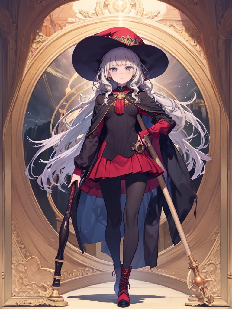 A woman wearing a red hat and cape and holding a walking stick、masterpiece, highest quality, View Viewer, Wavy Hair, fringe, Long Hair, Fantasy, Wizard, Outdoor, staff, Cape, Have, black_pantyhose, boots, Midi Skirt,